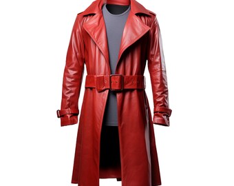 Handmade Leather Men Trench Coat-Genuine Leather Men Red Long Coat-Steampunk Coat-Gift For Him