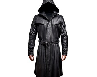 Handmade Men Leather Trench Coat-Genuine Leather Men Hooded Coat-Black Gothic Coat-Gift For Him