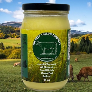 Sebo de res alimentado con pasto en lotes pequeños al 100 %, frasco de vidrio de 14 oz con sello de seguridad retráctil. De origen local y elaborado en el valle del Hudson