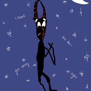 May include: Digital illustration of a black figure with red-striped horns, a tear, and a sad expression, set against a dark blue night sky with a crescent moon and stars. Text reads "I heard... gets lonely... the devil... at night."