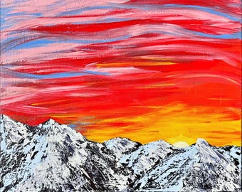 Snowy Mountain Vibrant Sunset Acrylic Painting Print| Original Art, Mountain Painting, Sunset Painting, Art Prints, Home Decor Art for Home