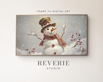 Whimsical Snowman Frame TV Art | Cozy Winter Decor | Plaid Scarf & Festive Holly | Seasonal Cheer
