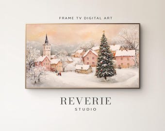 Winter Village Christmas Tree Frame TV Art Soft Pink Decor