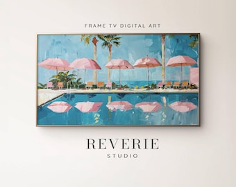 Beach Pool Umbrellas Frame TV Art, Muted Coastal Seascape (Digital Download)