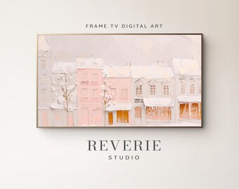 Pink Village Christmas Frame TV Art: Textured Pastel Winter Holidays