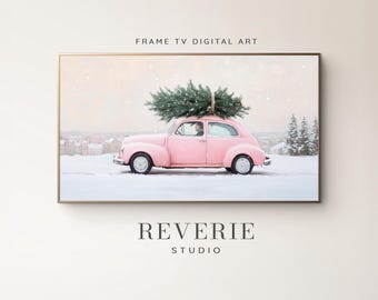 Pink Car Christmas Tree Frame TV Art: Vintage Winter Scene (Digital Download)