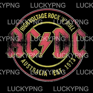 May include: A circular graphic on a black background, featuring the band name "AC/DC" in red with yellow outlines and a central lightning bolt. The text "HIGH VOLTAGE ROCK 'N' ROLL AUSTRALIA EST. 1973" is also included in the design.
