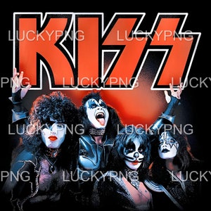 Peut inclure: Une affiche vintage du groupe de rock KISS. Les membres du groupe sont habillés de leurs costumes et maquillages noirs et blancs emblématiques. Le nom du groupe est écrit en grandes lettres rouges en haut de l'affiche.