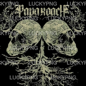 Puede incluir: Un diseño gráfico negro con dos calaveras simétricas con detalles intrincados y el texto "PODO ROACH" en una fuente estilizada. El diseño incluye una estructura similar a un árbol y adornos decorativos.