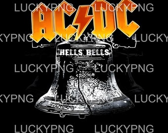 May include: AC/DC band logo with the text "AC/DC" in orange and yellow, above a black and white illustration of a bell with the text "HELLS BELLS". The background is black.