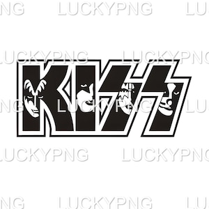 Peut inclure: Logo noir et blanc du groupe de rock KISS. Le logo présente le nom du groupe en lettres audacieuses et stylisées, avec les visages des quatre membres du groupe intégrés aux lettres.