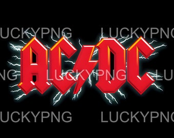 May include: A red and white logo for the rock band AC/DC. The logo is in a bold, stylized font with lightning bolts behind it.