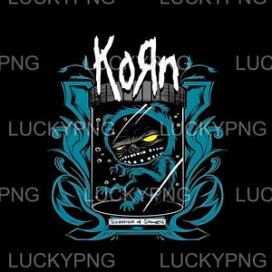 May include: A black and white illustration of a monster in a glass jar with the word "Korn" written in white above it. The jar has a blue label that says "Souvenir of Sadness".