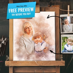 Custom watercolor painting from photo, Family drawing, Photo to Watercolor portrait, Combine merge photos, Personalized Art Gift for Mom Dad