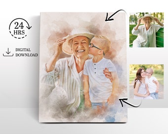 Aquarelle personnalisée à partir de photos combinées, dessin de famille, fusionner une photo avec un tableau, impression numérique à partir d'une photo, cadeaux personnalisés