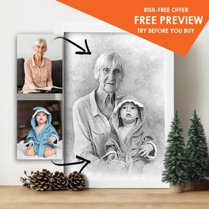 Family Portrait from Merged photos, Add person to picture, Drawing from photo, Add loved one family member, Memorial Gift for Mom Dad