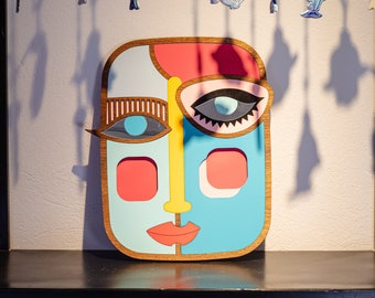 Handcrafted Abstract Wooden Wall Mask,decorative mask 15.4x18.3 Inches - Unique, Artistic Home & Office Decor, Boho Chic, Modern Art Piece,