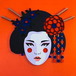 Geisha Wooden Wall Mask – Handmade Japanese Wall Art, Asian Home Décor, Modern Oriental Portrait, Zen Samurai Aesthetic 38x49 cm / 15x19 in