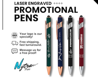 May include: Four laser engraved promotional pens with stylus tips, displayed in green, blue, black, and maroon. Each pen features a metallic clip and tip, with custom text and logos printed on the barrels. The text reads LASER ENGRAVED PROMOTIONAL PENS.
