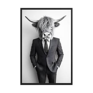 Highland Cow Wearing Suit, Funny Animals Wall Art, Funny Animal Prints, Black and White, Animal Wall Art, Animal Humor, Animals Home Decor
