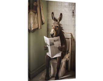 Funny Donkey on Toilet Print, Vintage Bathroom Wall Art