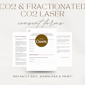 Può includere: Due moduli di consenso stampabili per trattamenti laser CO2 e CO2 frazionato. I moduli sono progettati in uno stile minimalista con testo marrone su sfondo bianco. I moduli includono sezioni per le informazioni del cliente, le informazioni sulla procedura e il consenso e le riconoscenze.
