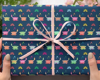 Set of 8 sheets - 19&quot;x29&quot; - Elegant Gift Wrapper - Colorful Diyas - Diwali and traditional Indian functions
