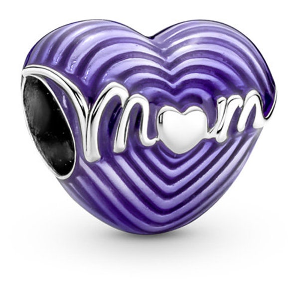 Authentic Pandora Sterling Silver Radiating Love Mom Heart Family Charm with Transparent Purple Enamel-791160C01 Easter Gifts Mother Gifts