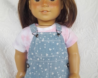 Heart-Print Denim Overalls for 18 Inch Dolls