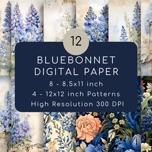 May include: A set of 12 digital papers featuring bluebonnet flowers in various watercolor designs. The papers are 8.5 x 11 inches and 300 DPI.