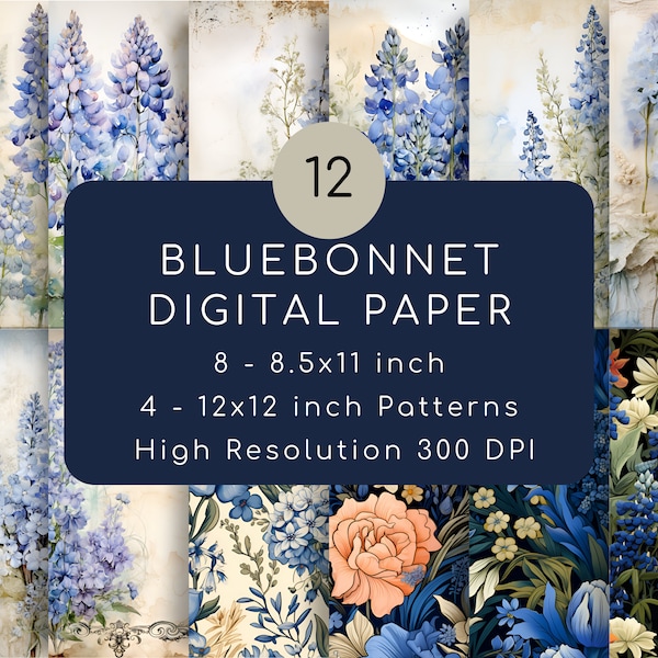 Bluebonnet Patterns and Digital Junk Journal Paper, Watercolor Vintage Digital Paper, Digital Paper Bundle, Scrapbooking, DOWNLOADABLE