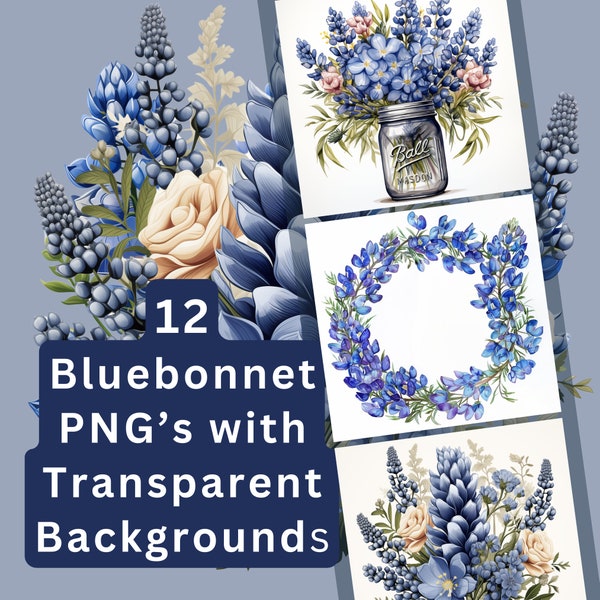 Texas Bluebonnet Clipart, 12 PNG aquarel clipart bundel, transparante achtergrond, botanische bloemen clipart, Instant Download