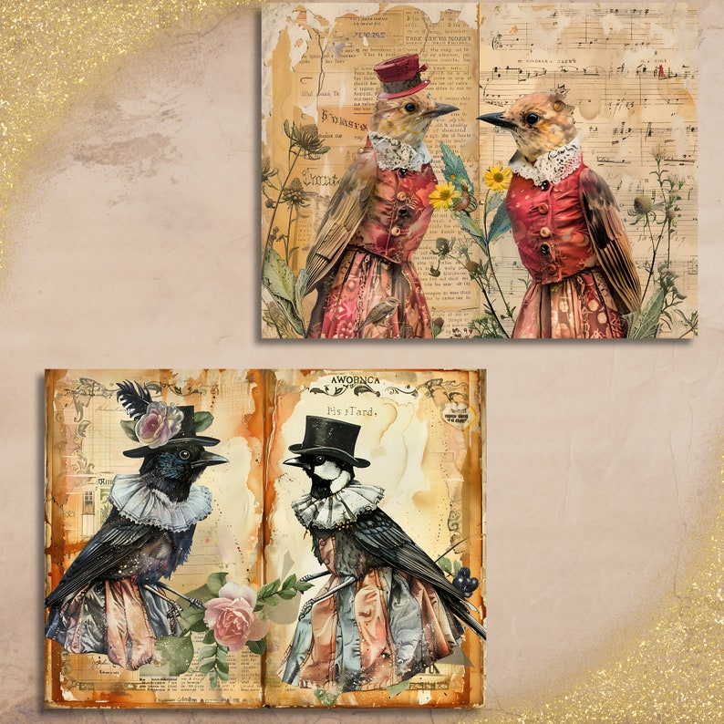Utskrivbara sidor med roliga fåglar, skräpjournal - vintage viktorianska fåglar, digitalt papper för scrapbooking, gåva för fågelälskare bild 6