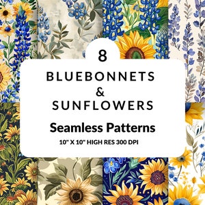 May include: Eight seamless patterns featuring bluebonnets and sunflowers. The patterns are 10 inches by 10 inches and have a resolution of 300 DPI.