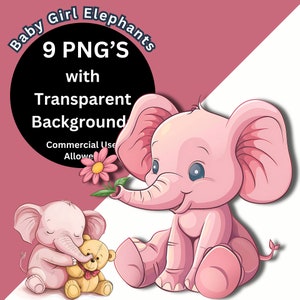 Pink Elephant Clipart for Baby Shower - 9 Elephant PNGs, Digital Download, Commercial Use, Cute Baby Elephant Images for Invites, Mugs, POD