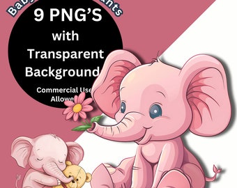 Pink Elephant Clipart for Baby Shower - 9 Elephant PNGs, Digital Download, Commercial Use, Cute Baby Elephant Images for Invites, Mugs, POD