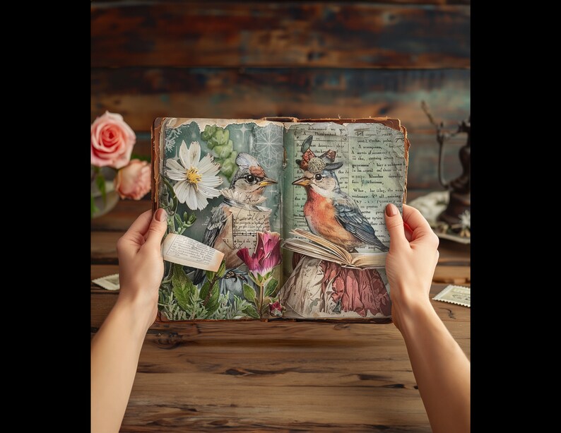 Utskrivbara sidor med roliga fåglar, skräpjournal - vintage viktorianska fåglar, digitalt papper för scrapbooking, gåva för fågelälskare bild 2