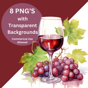 Glass of Wine Clipart, Wine Bottle Clip art, Set of 8 with Transparent Backgrounds, Clipart Bundle, Commercial Use Allowed