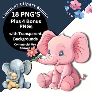 Paquete de imágenes prediseñadas de elefante, imágenes de elefante rosa y azul, MÁS 4 imágenes de bonificación, 22 PNG con fondos transparentes, DESCARGA DIGITAL