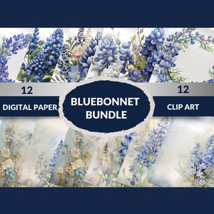 May include: A digital paper and clip art bundle featuring 12 watercolor illustrations of bluebonnets. The illustrations feature bluebonnets in various arrangements, including wreaths, bouquets, and single stems. The illustrations are set against a white background.