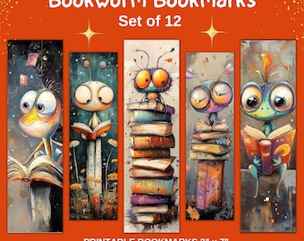 May include: Set of 12 printable bookmarks featuring whimsical illustrations of colorful creatures reading books. Each bookmark is 2 inches by 7 inches.  Bookworm Bookmarks, Set of 12, Instant Download.