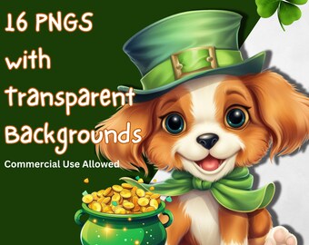Hund Clipart-paket, St. Patricks Day Clipart, Set med 16 PNGs transparenta bakgrunder, lycklig irländsk hund PNGs, nedladdningsbar konst