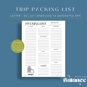 Lista de equipaje de vacaciones imprimible, Lista de equipaje de viaje imprimible, Descarga instantánea PDF, A4/A5/Carta