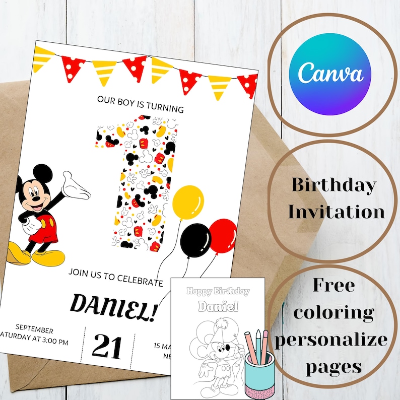 Mickey 1st Birthday Invitation Canva Template Editable Printable ...