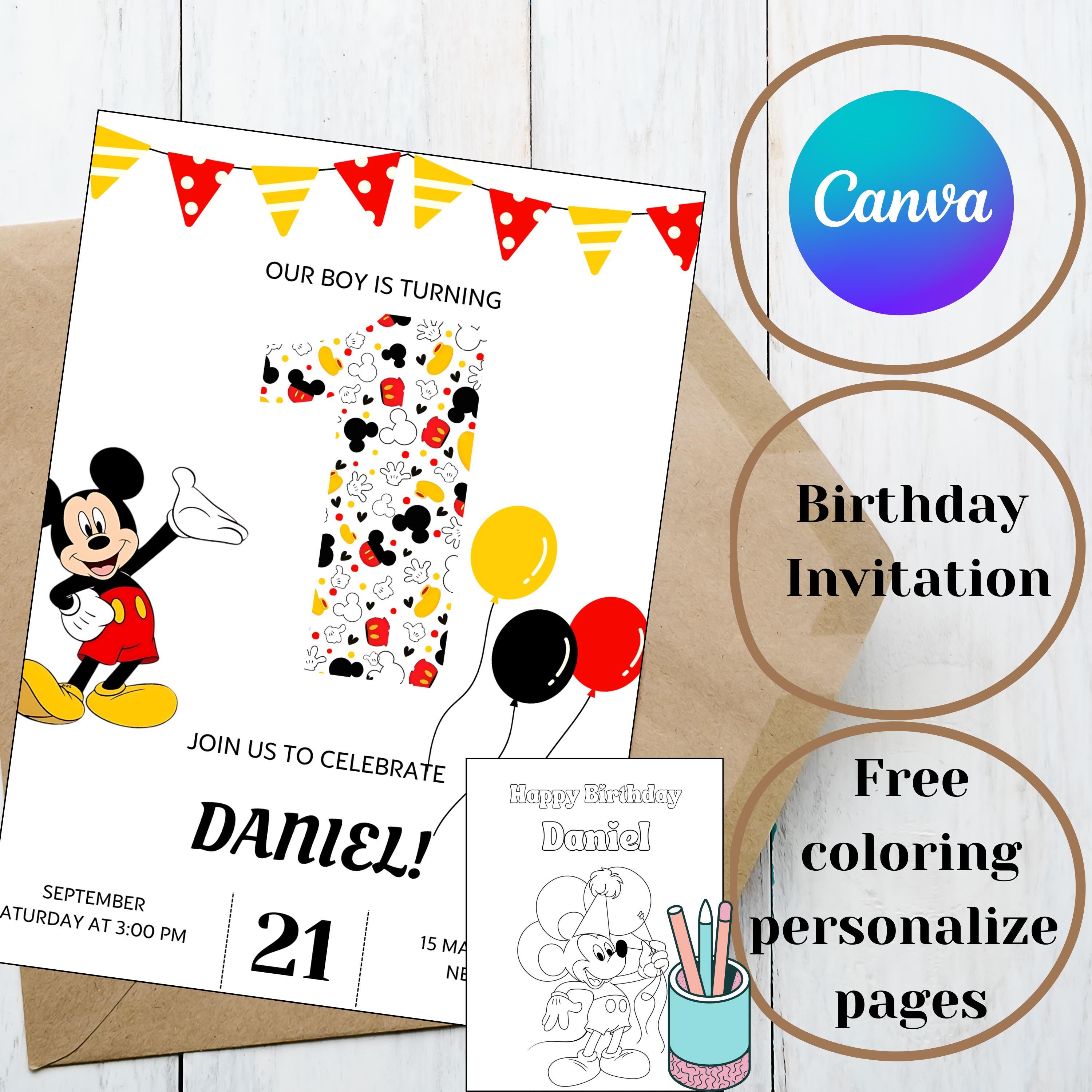 Mickey 1st Birthday Invitation Canva Template Editable Printable ...