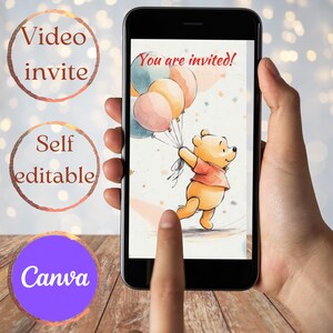 Invitación editable en vídeo de cumpleaños de Winnie the Pooh, plantilla de Canva, invitación a fiesta con música, invitación animada clásica de Winnie the Pooh