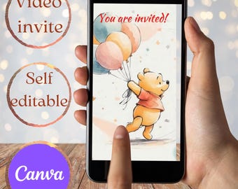 Editable Winnie the Pooh Birthday Video Invitation,Canva Template,Party Invite for with Music, Classic Winnie the Pooh animated Invite