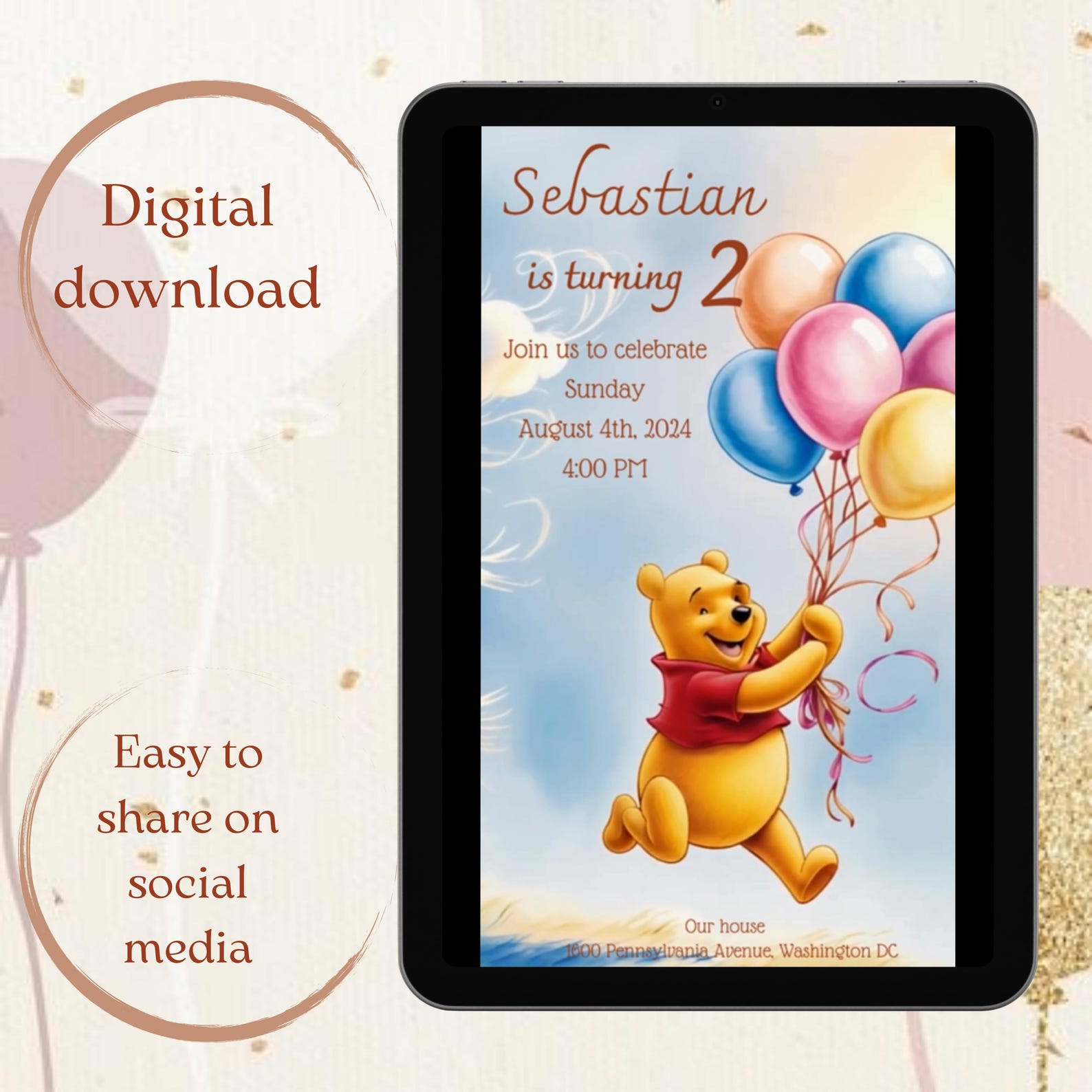 Editable Winnie the Pooh Birthday Video Invitation canva Template
