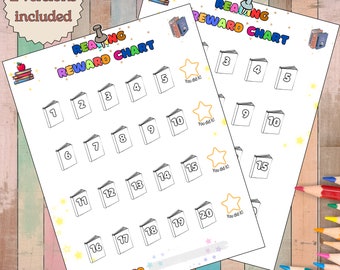 May include: Two printable reading reward charts with a book and star design. The charts feature 20 spaces for stickers or stamps. The text on the charts reads "Reading Reward Chart".