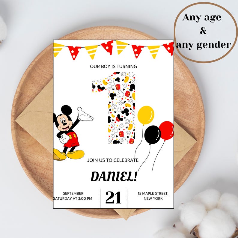 Mickey 1st Birthday Invitation Canva Template Editable Printable ...
